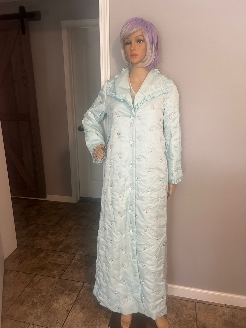 60’s Vtg Light Blue Quilted Embroidered Long Robe with Ruffle Collar NOS Rare
